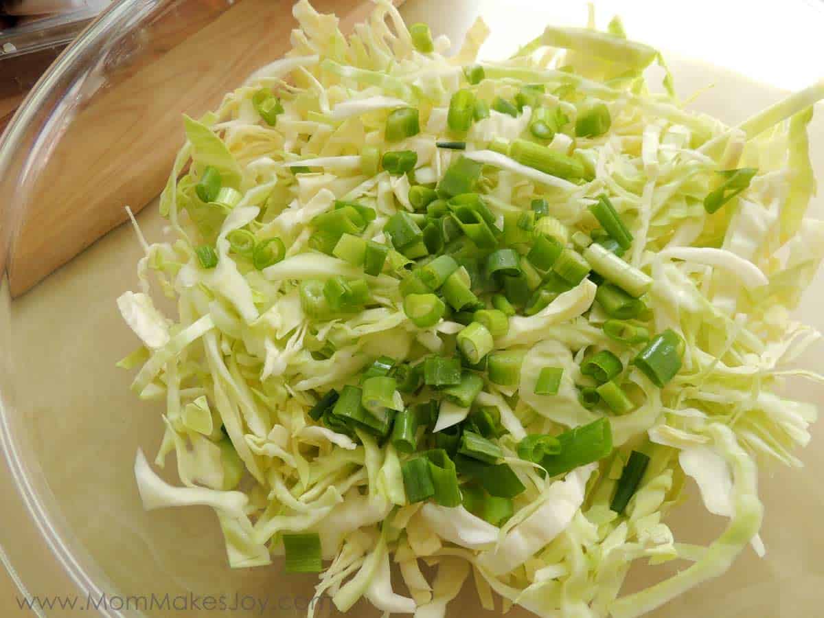 This ramen noodle cabbage salad recipe is made with chopped cabbage, ramen noodles, slivered almonds, sesame seeds, green onions, and a sweet, hot dressing.