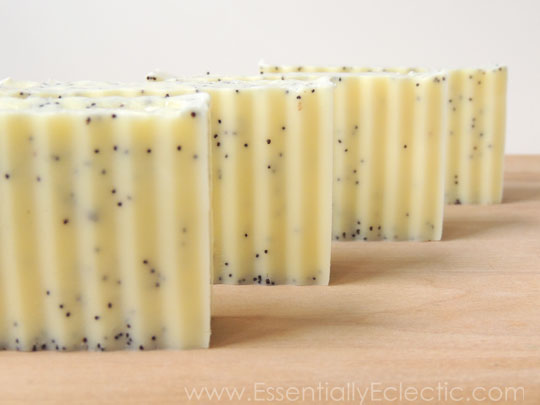 Lemon Poppy Seed Triple Butter Soap | www.EssentiallyEclectic.com | These lush lemon poppy seed soap bars are made with cocoa, shea & mango butters!
