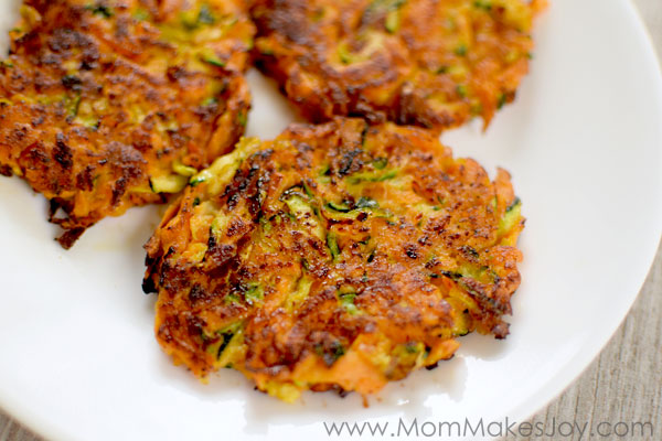 Veggie fritters made with zucchini and sweet potato are a great way to sneak veggies into a picky eater. 