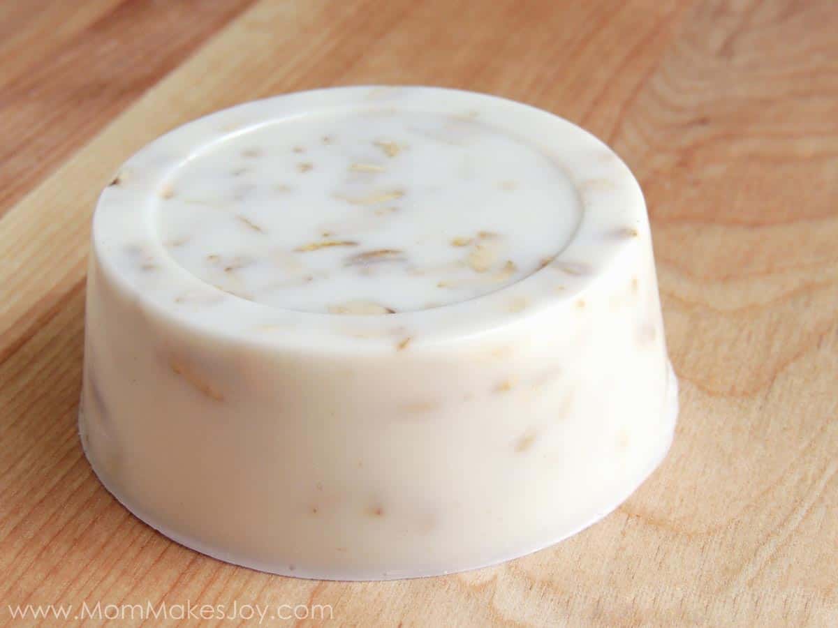 A finished bar of almond oatmeal goat's milk soap