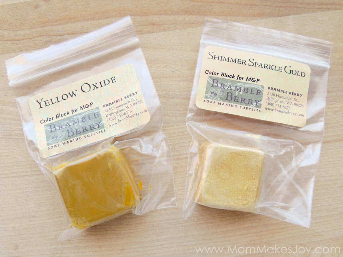 Yellow oxide and shimmer sparkle gold soap colorant