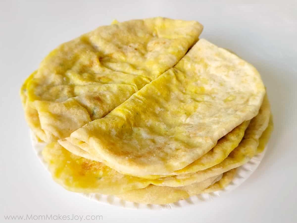 Finished stack of Guyanese potato roti